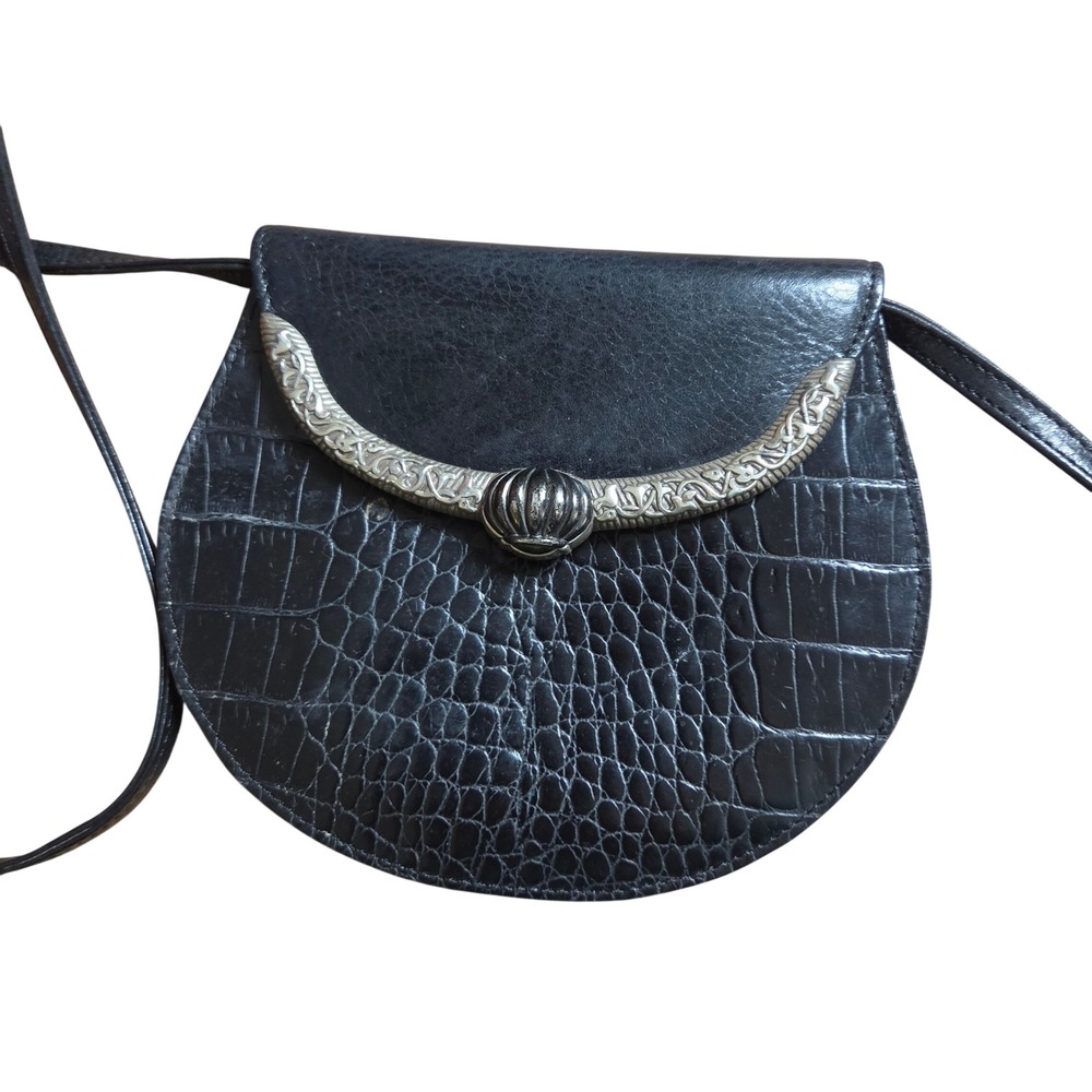 VTG Brighton Leather Croc Embossed Crossbody Silver Filigree Bag Western Boho